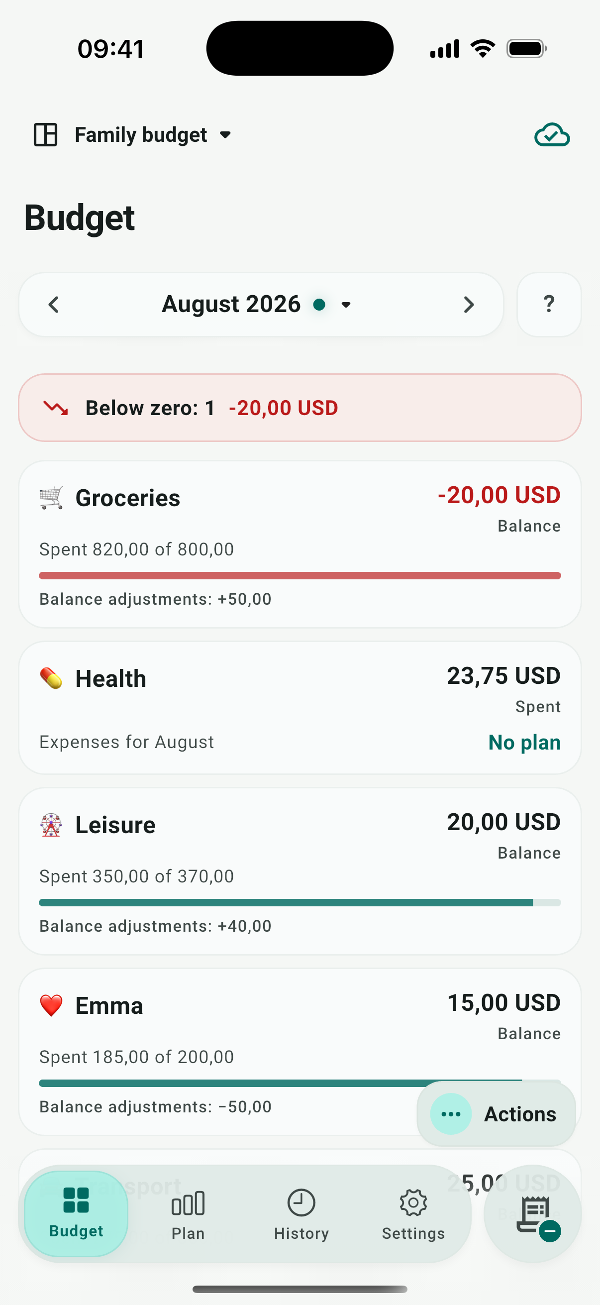 Carry budget screen showing category balances for a family household