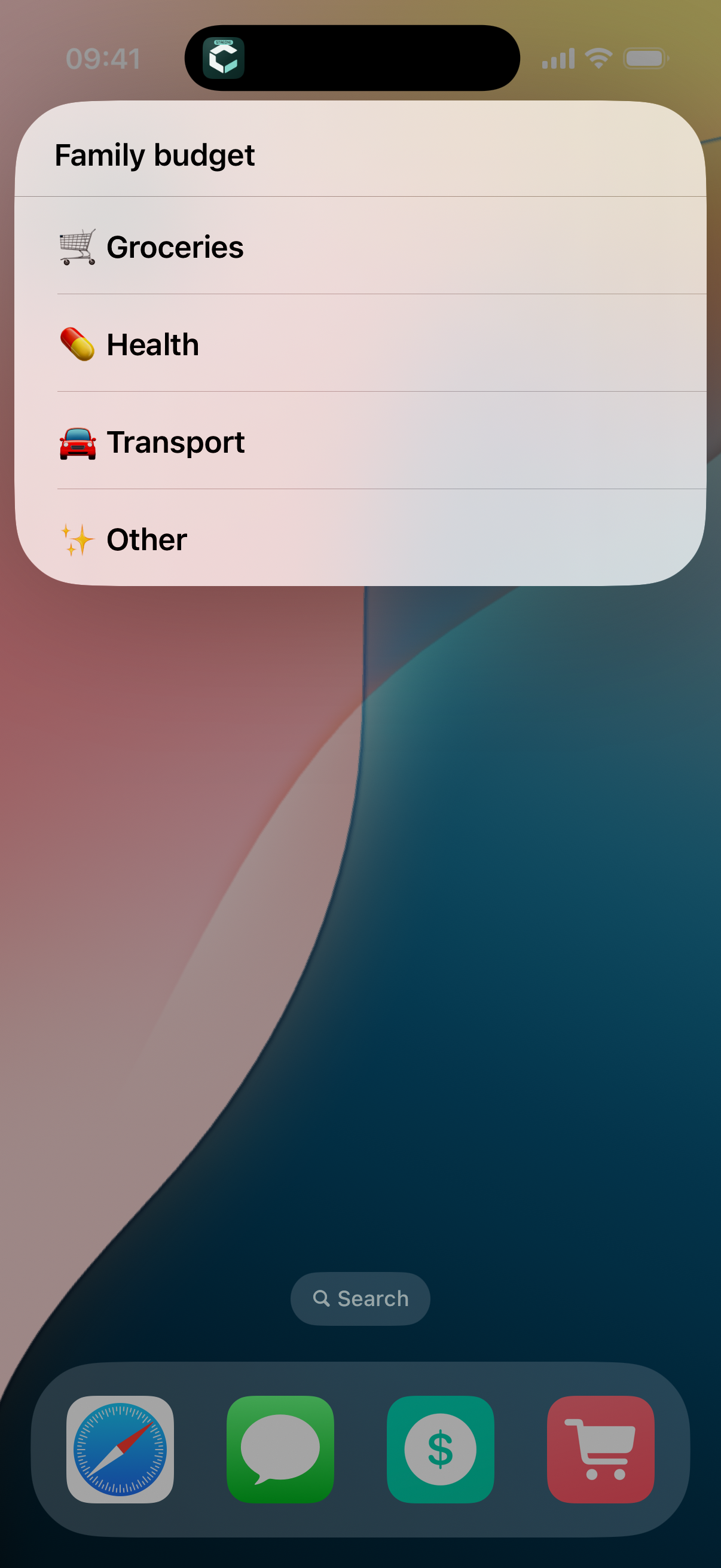 Carry shortcut for choosing an expense category on iPhone