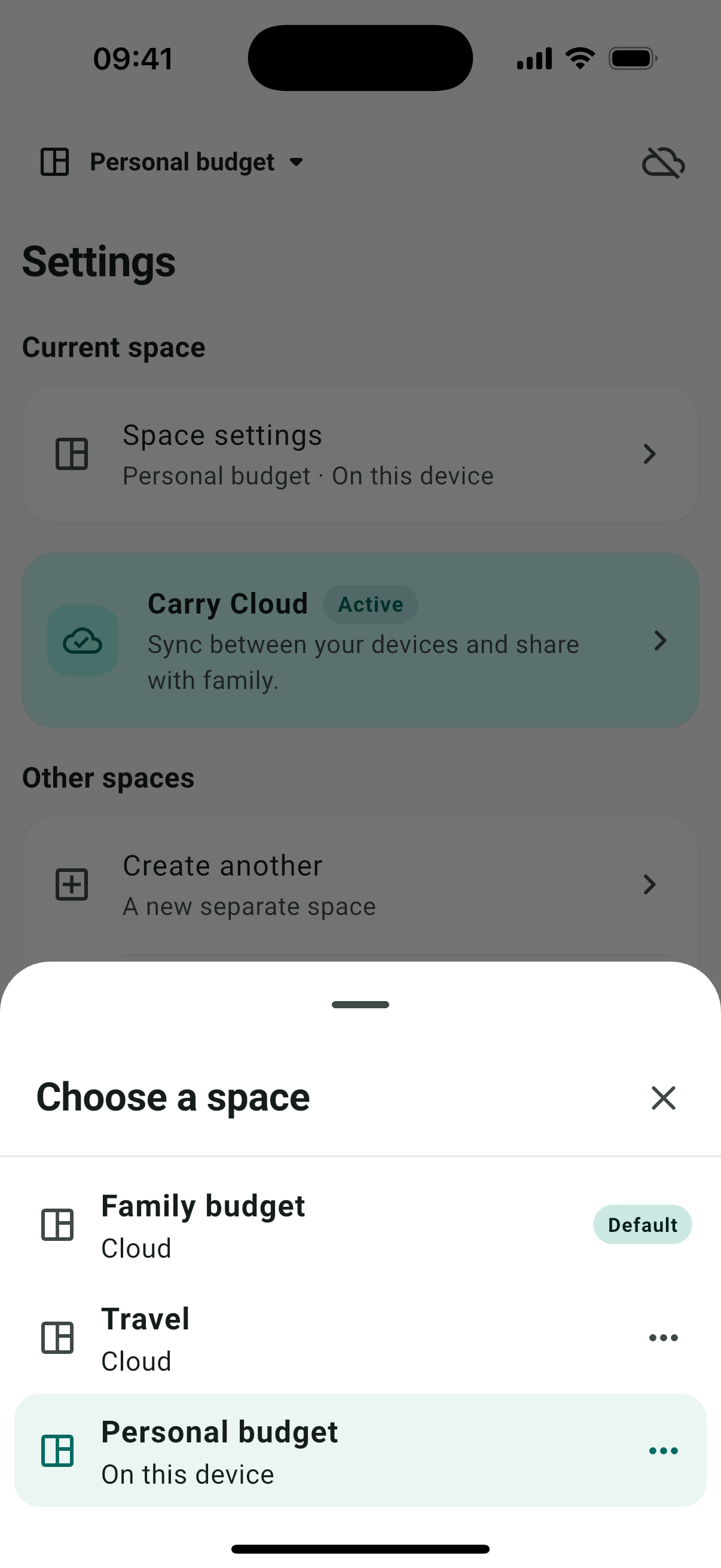 Carry space switcher with local and cloud spaces