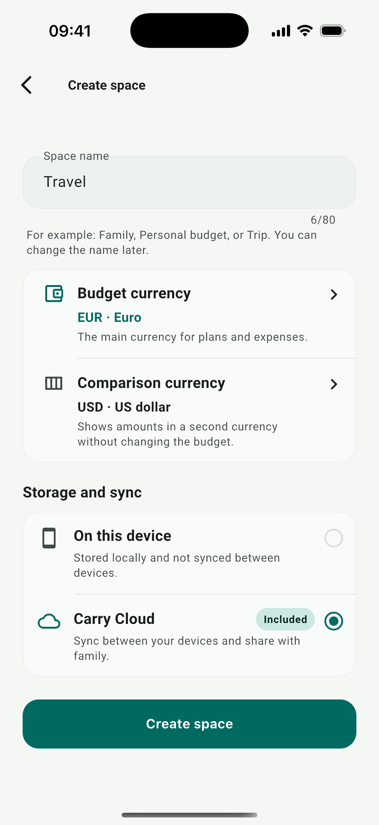 Carry screen for choosing local or cloud storage while creating a space