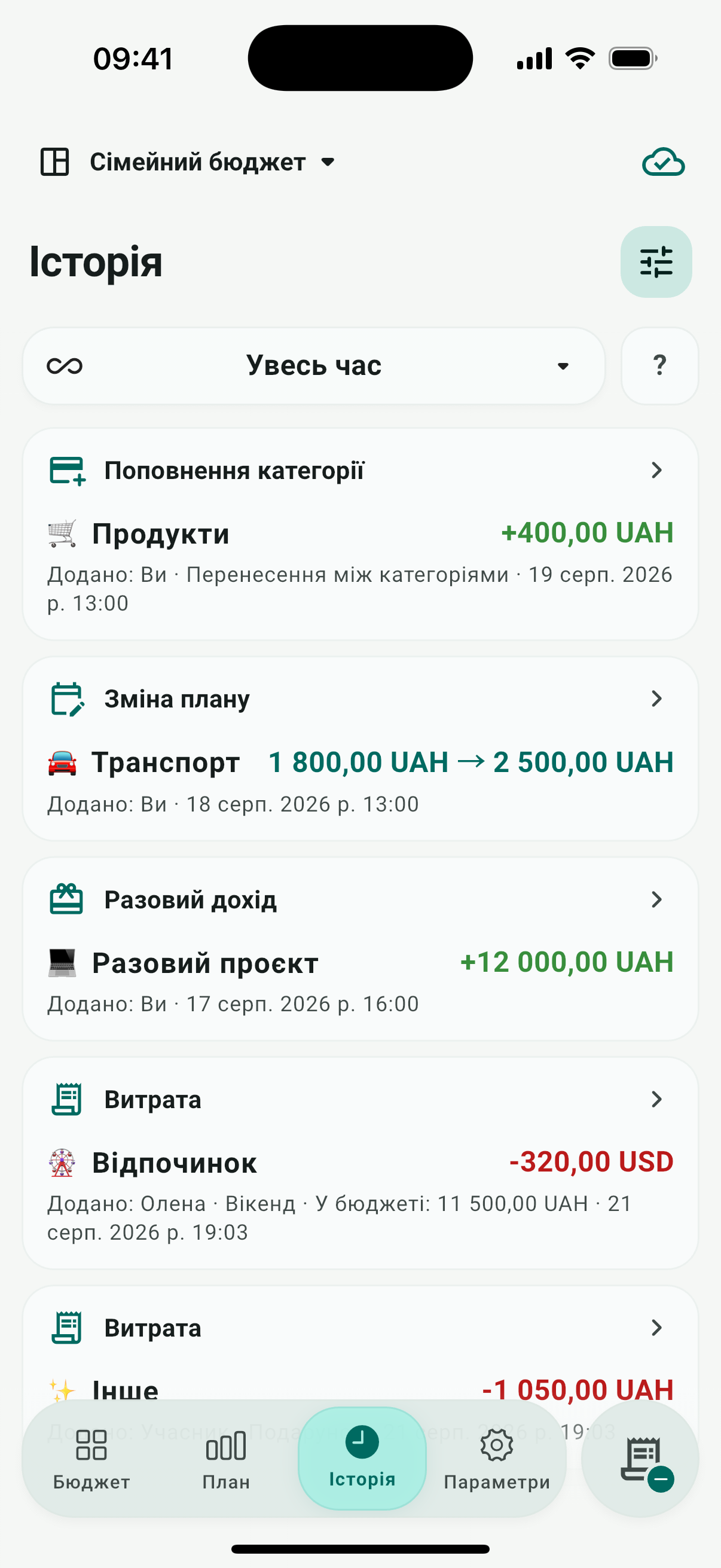Екран бюджету Carry з планом, витратами й залишками категорій
