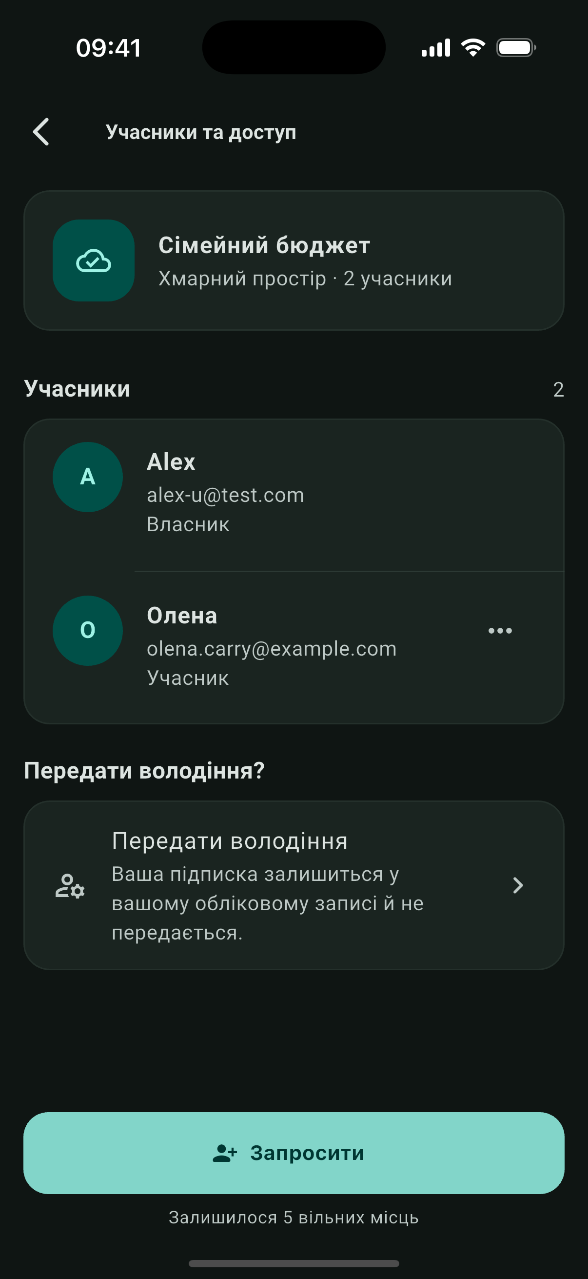 Екран учасників і доступу Carry Cloud для спільного простору