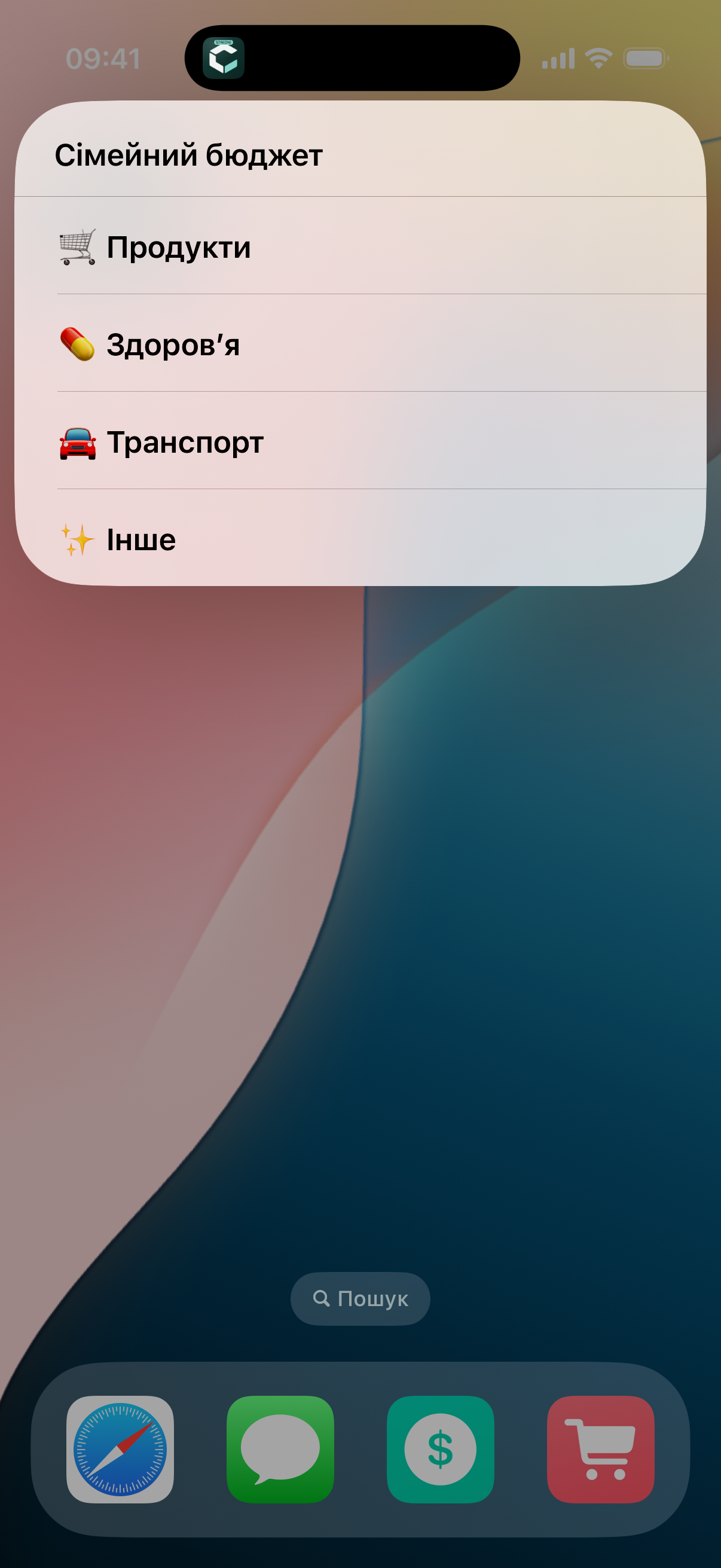 Команда Carry для вибору категорії витрати на iPhone